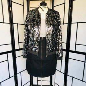 NWOT Black and Silver Sequin Bomber Jacket PLUS